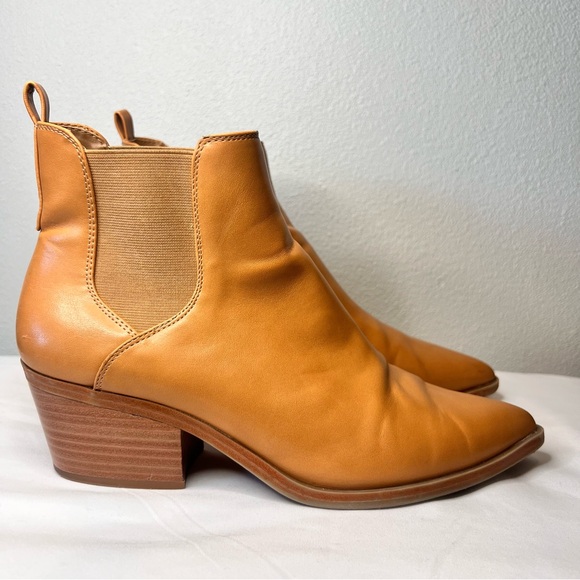 Tan Pointed Toe Chelsea Ankle Boots Faux Leather Block Heel Booties Size 9 - Picture 4 of 13